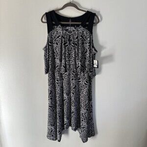 NWT Rafaella Dress XLP Petite Black White Floral Strappy Stretch Jersey Swing
